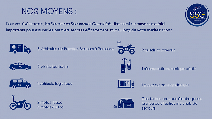 Les moyens matériels et opérationnels des Sauveteurs Secouristes Grenoblois (SSG) FFSS38, Grenoble, Ambulance, Secours, PSC1, PSE2, PSE1